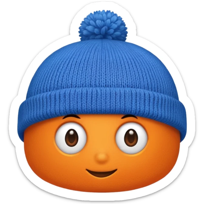 a blue beanie with an orange rim, and an orange puff dot at the top sticker