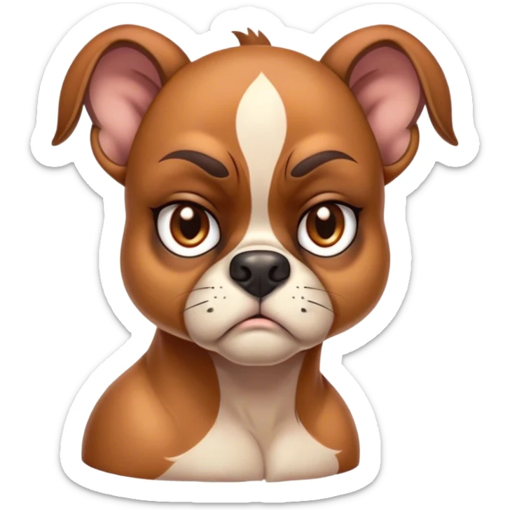 Cinematic Meme-Worthy Grumpy Fawn Boxer Portrait Emoji, Head held high but eyes filled with dramatic disappointment, smooth fawn fur with a furrowed brow forming an unmistakable scowl, floppy ears slightly angled back in disapproval, piercing brown eyes glaring with pure exasperation, Simplified yet hilariously over-exaggerated features, highly detailed, glowing with an aura of supreme annoyance, high shine, exhausted yet judgmental, stylized with an almost regal pettiness, bright but brooding, soft glowing outline, capturing the essence of a guardian that has seen it all and is thoroughly unimpressed, so meme-worthy it feels like it could instantly become the next viral sensation of grumpiness! sticker