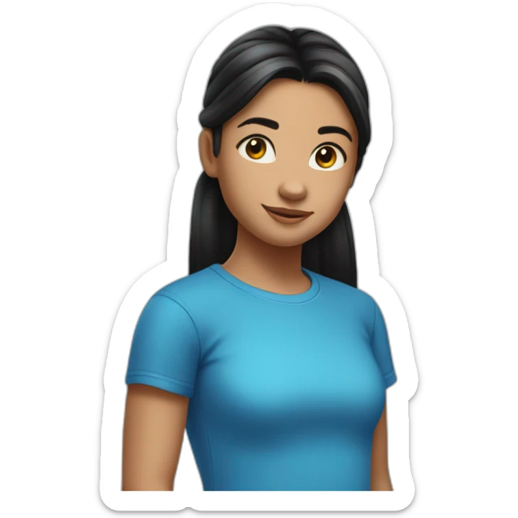 A 11 years old girl with long black hair tied back in a pony tail wearing a blue t shirt sticker