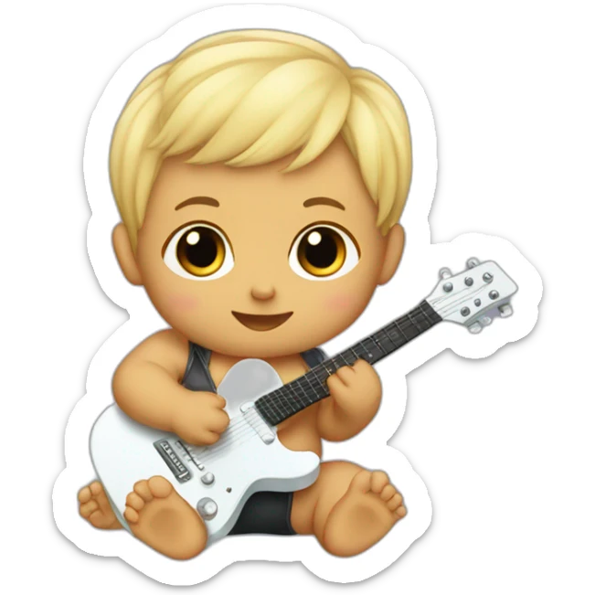 a 1-year-old baby, blond and with little hair, in diapers, playing a mini guitar sticker