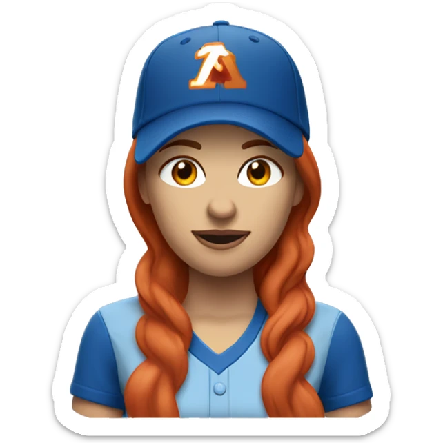standing up white female coach with long red hair in blue  t-shirt and with a simple blue baseball hat sticker