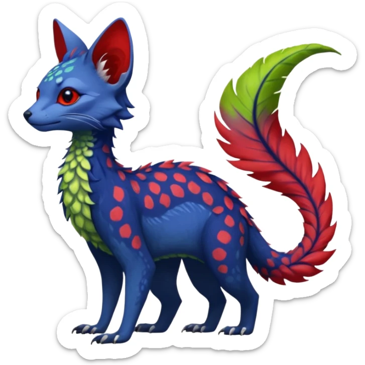 Feral Rare Fantasy vibrant tropical red and indigo and lime-collred Vernid-Trico-species-creature by LiLaiRa, random markings, tufted tail, tufted ears, full body sticker
