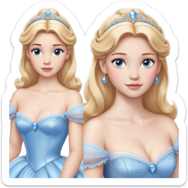 Cinematic Realistic Cinderella Portrait, depicted with lifelike skin texture, subtle rosy undertones, and soft natural lighting that enhances the gentle contours of her face. Her intricately detailed golden blonde hair is elegantly styled in an updo, with delicate wisps framing her face for added realism. Her deep, expressive blue eyes radiate warmth and sincerity, reflecting a quiet resilience and grace. She is dressed in her iconic ball gown, the fabric shimmering with intricate embroidery and fine translucent layers that catch the light beautifully. The soft sheen of satin gloves and the delicate sparkle of a glass-like slipper peeking from beneath her dress add a touch of magical realism. The portrait features an enchanting glow with a natural, luminous finish, seamlessly blending realism and fairytale charm to evoke a sense of depth, elegance, and timeless beauty. sticker