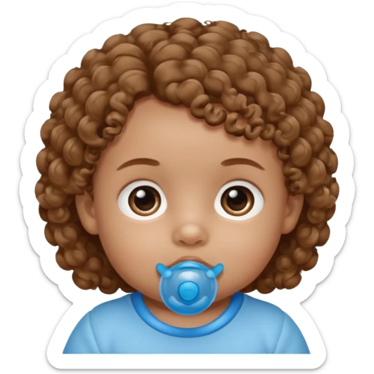 A baby with light brown skin, soft curly light-brown hair, wide brown eyes, and a blue pacifier.  sticker
