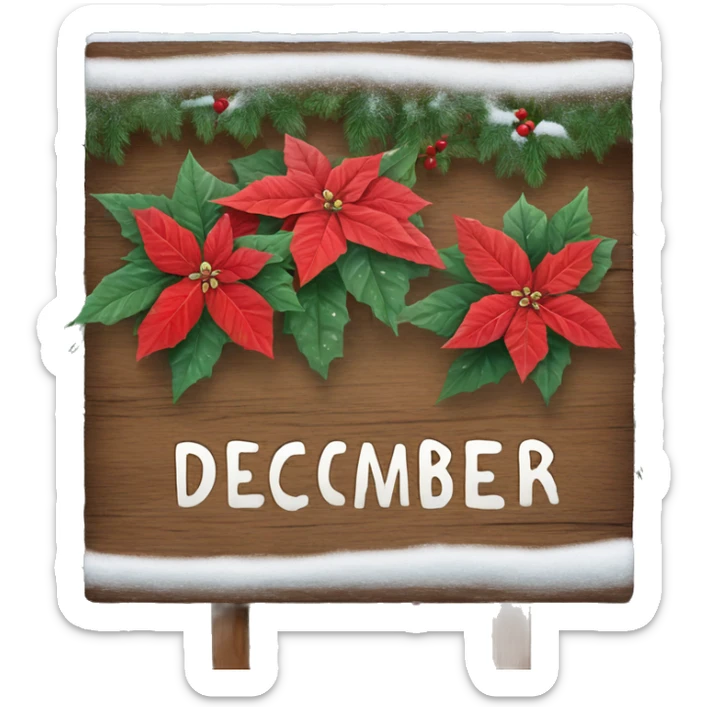 Wood sign with inscription december and poinsettia with snow on sign  sticker