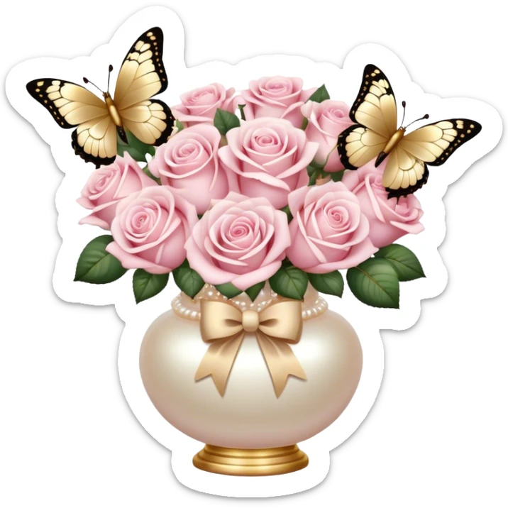 Realistic aesthetic bouquet of light pink roses in a pearl vase and a beige bow with gold decoration and a butterfly with gold and beige wings sticker