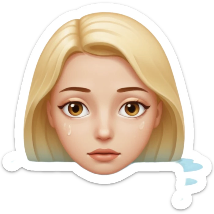 Woman submerged in black water, wet skin and eyes above surface, silent invitation sticker