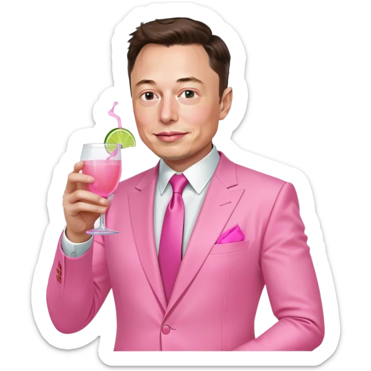 Elon Musk, dressed in an all-pink suit, with one hand holding a pink tequila drink.  sticker