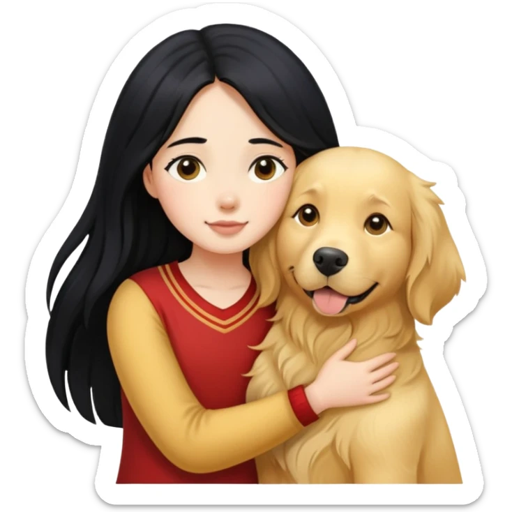 A girl with long black  hair tightly hugged a Golden Retriever sticker