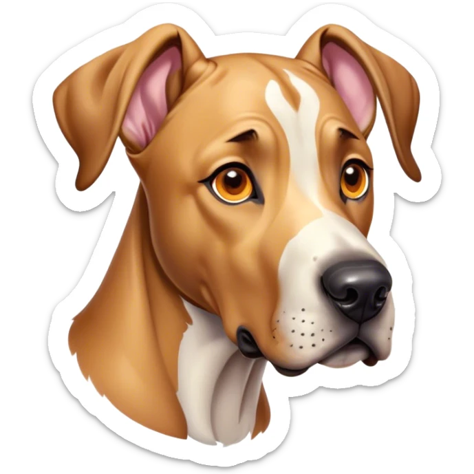 Cinematic Cute Fawn Great Dane Portrait Emoji, Head tilted playfully and inquisitively, showcasing a glossy fawn coat with a subtle luster, round, sparkling amber eyes filled with curiosity, Simplified yet irresistibly adorable features, highly detailed, glowing with a warm, friendly glow, high shine, affectionate and gentle, stylized with a touch of whimsy, bright and endearing, soft glowing outline, capturing the essence of a mischievous yet loving pup, so playful it feels like it could lumber out of the screen and into your arms! sticker