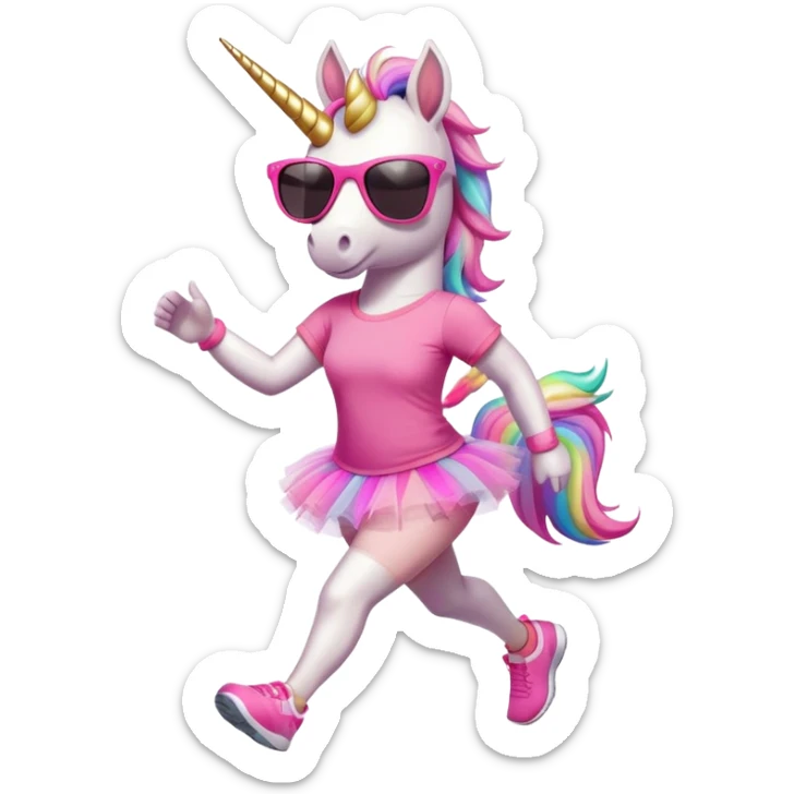 friendly anthropomorphised female unicorn in tutu and pink t-shirt, wearing dark sunglasses, jogging upright in relaxed pose sticker