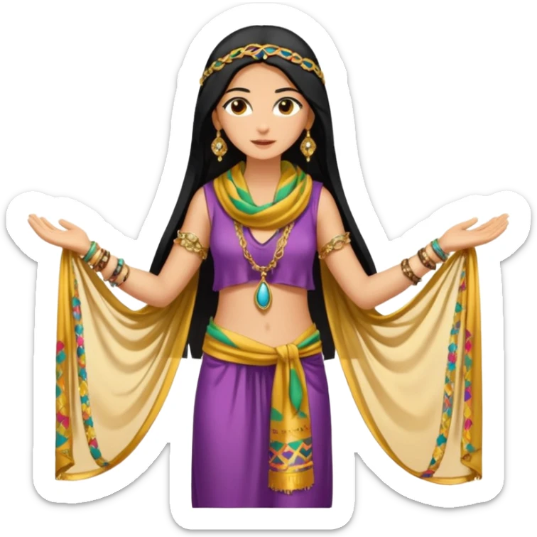 Mujer joven, morena, 
Negro, largo y brillante, suele ir cubierto parcialmente por un velo o pañuelo oriental.inspiración árabe: túnica colorida , con detalles dorados o lentejuelas; brazaletes y pendientes.cuerpo entero sticker