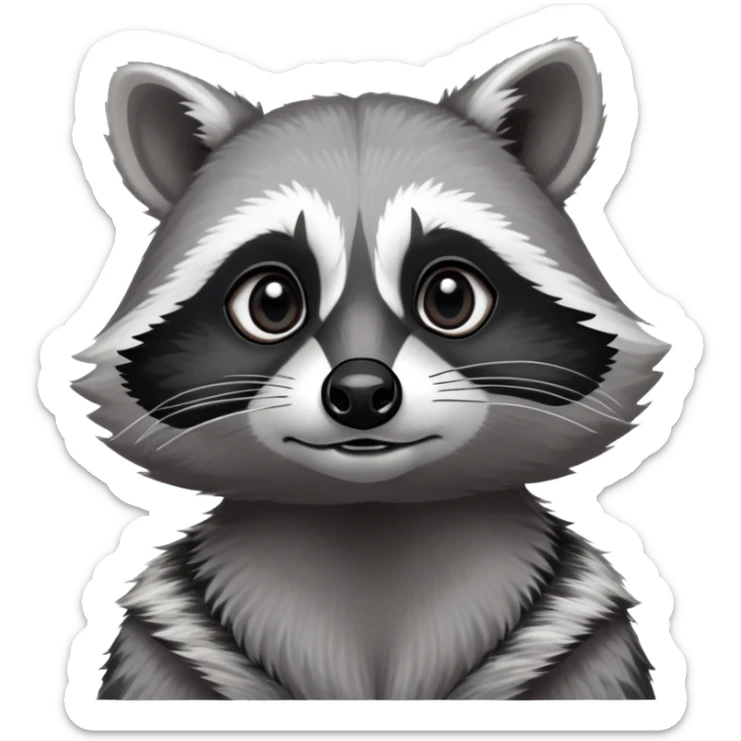 Cinematic-Noble-Raccoon-Portrait-Emoji – Poised and confident, with a sturdy build and a beautifully textured fur of silver-grey accented by dark black facial markings, deep-set, large big black eyes revealing no white, simplified yet sharp and sophisticated zoom out to show shoulders sticker