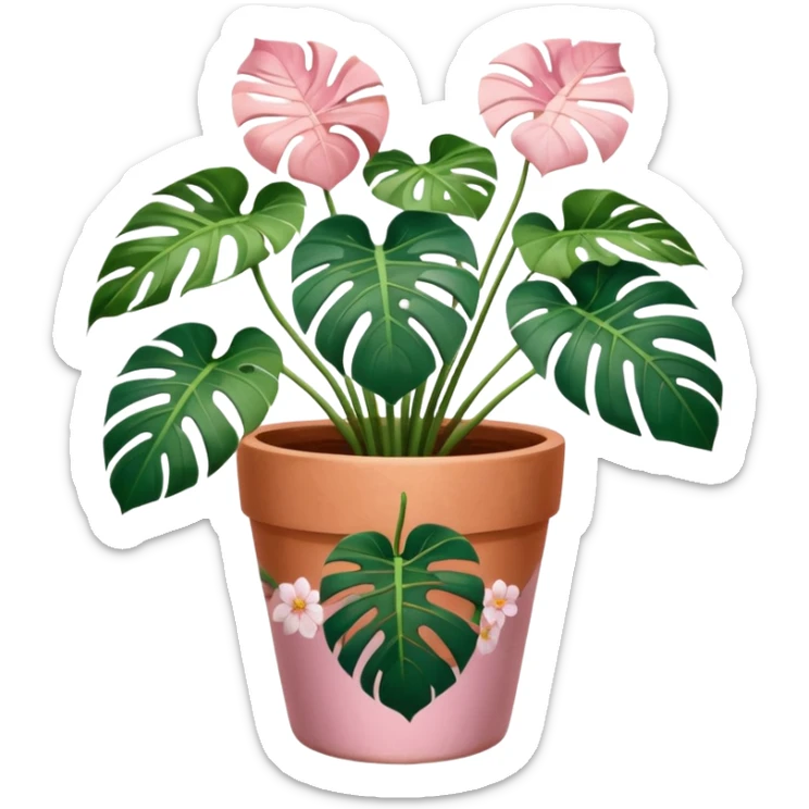 monstera plant in a plant pot in terra cota with white and pink flowers hand painted on the pot  sticker