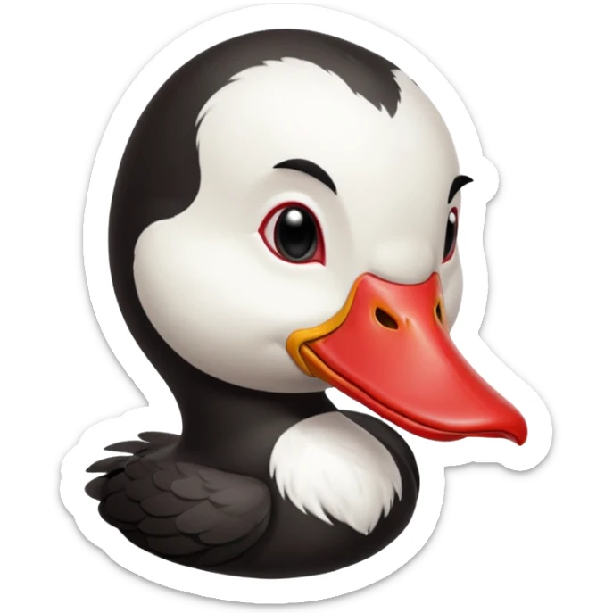 Muscovy Duck, simple emoji style, white and black feathers, red facial caruncles, facing forward sticker