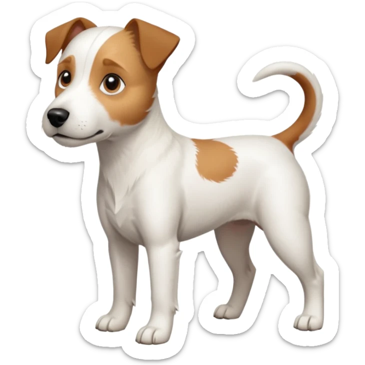 a full body slightly chubby white parson russell terrier looking dog the size of a kelpie with light brown long ears and a light brown patch on one eye and a large snout sticker