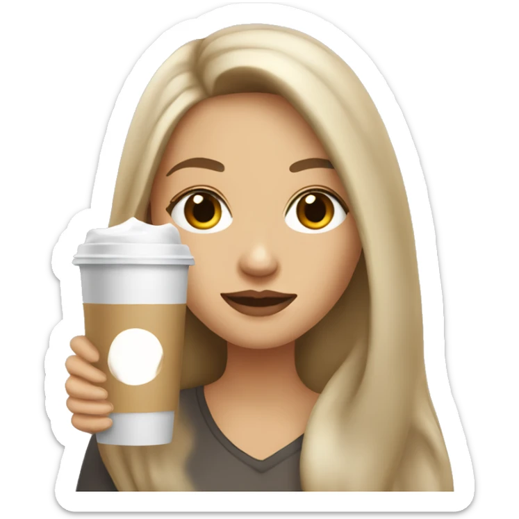 A white and dark blonde woman with long hair, gray eyes, an ice latte in her hand sticker