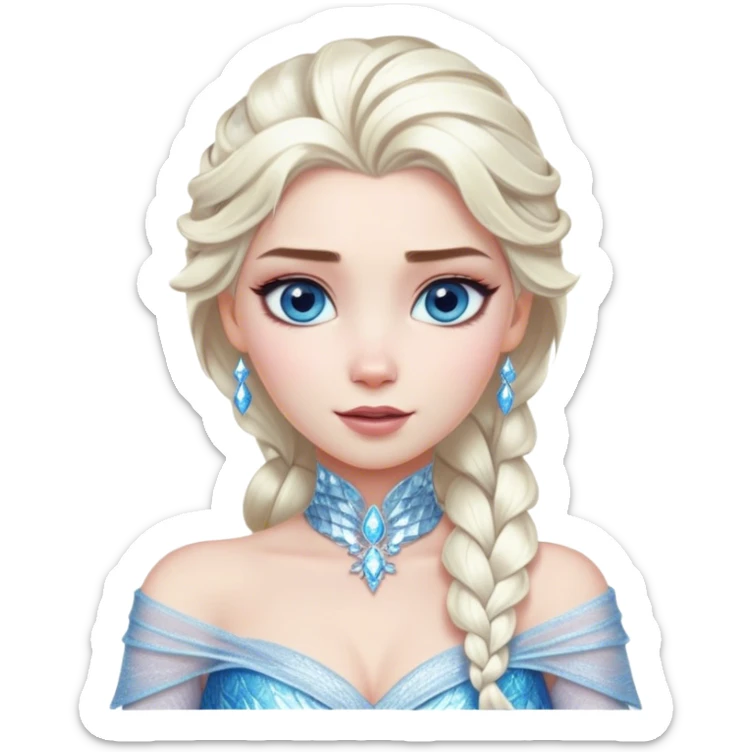 Cinematic Realistic Elsa Portrait, depicted with lifelike skin texture, soft natural lighting, and intricately detailed platinum blonde hair styled elegantly. Her striking, expressive blue eyes exude confidence and grace, complemented by a serene and regal expression. She is dressed in her signature icy attire, with shimmering fabric textures and delicate folds that catch the light beautifully. The portrait features a soft, enchanting glow with a cool, radiant finish, capturing the essence of timeless elegance in a realistic and painterly style, evoking a sense of depth and authenticity. sticker