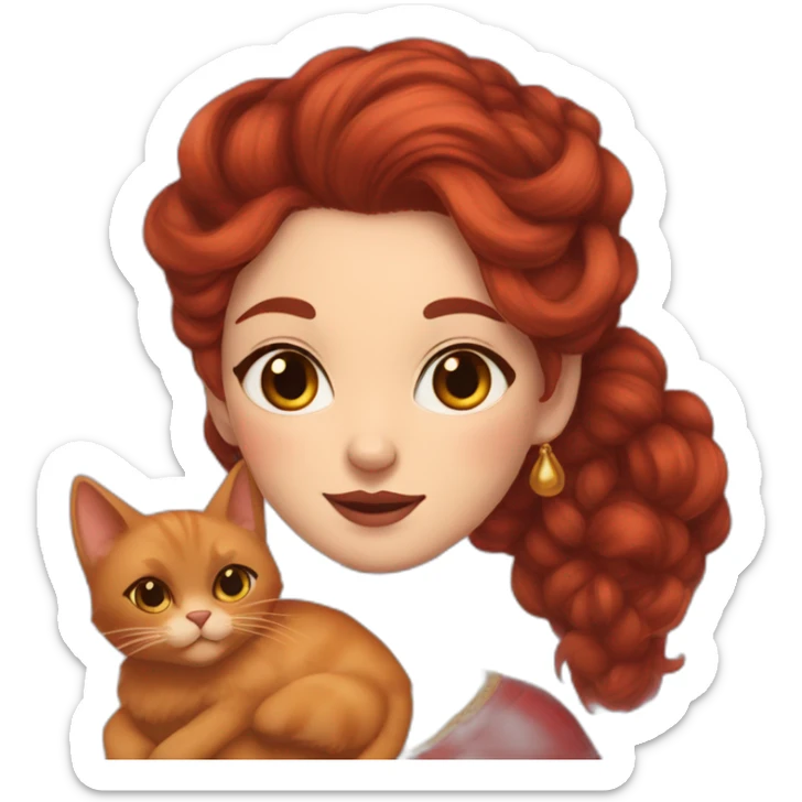 a Tatar woman of slightly swarthy skin with reddish hair up to the waist holds a fluffy red cat sticker