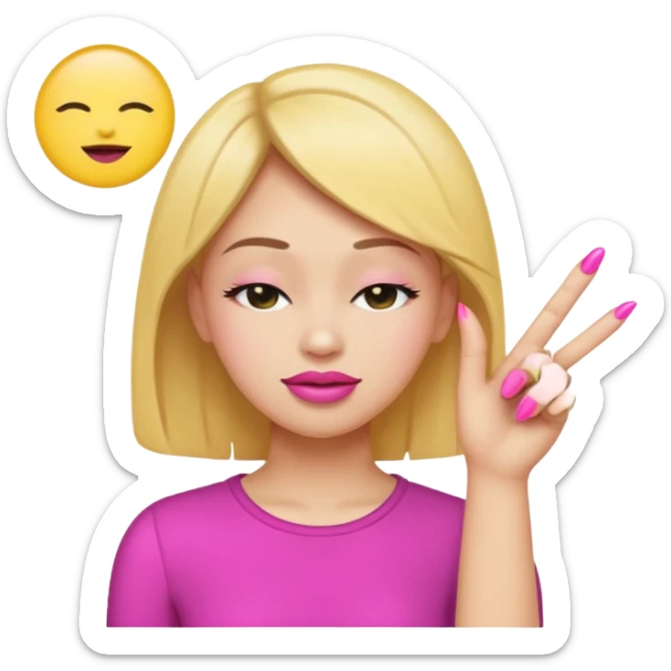 Yellow circle emoji sighing and drumming fingers up the side of their head the eye is closed it is a side profile pink lipstick and pink nails sticker