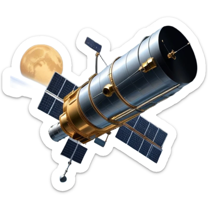cinematic-realistic-hubble-space-telescope-emoji, an awe-inspiring, ultra-detailed depiction of the Hubble Space Telescope floating in space, its large, reflective metallic surface gleaming against the backdrop of the infinite blackness. The telescope's vast solar panels extend outwards, catching the light from distant stars, while its intricate, cylindrical body showcases advanced, precise engineering. The telescope's large, hexagonal lens is pointed towards the cosmos, surrounded by mechanical components, wires, and sensors. The detailed textures of the telescope’s metallic exterior, the shiny reflective coating, and the intricate grid-like solar panels are sharply contrasted against the void of space, with distant stars and nebulae faintly visible in the background, adding to the sense of scale and te sticker