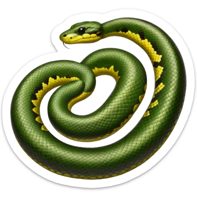 A photo-realistic top-down view of a Green Anaconda tightly coiled in a spiral, with its broad, flat head resting at the center. Its thick, muscular body is olive-green and covered in symmetrical, bold black oval spots that stand out against its smooth scales, creating striking natural camouflage. sticker