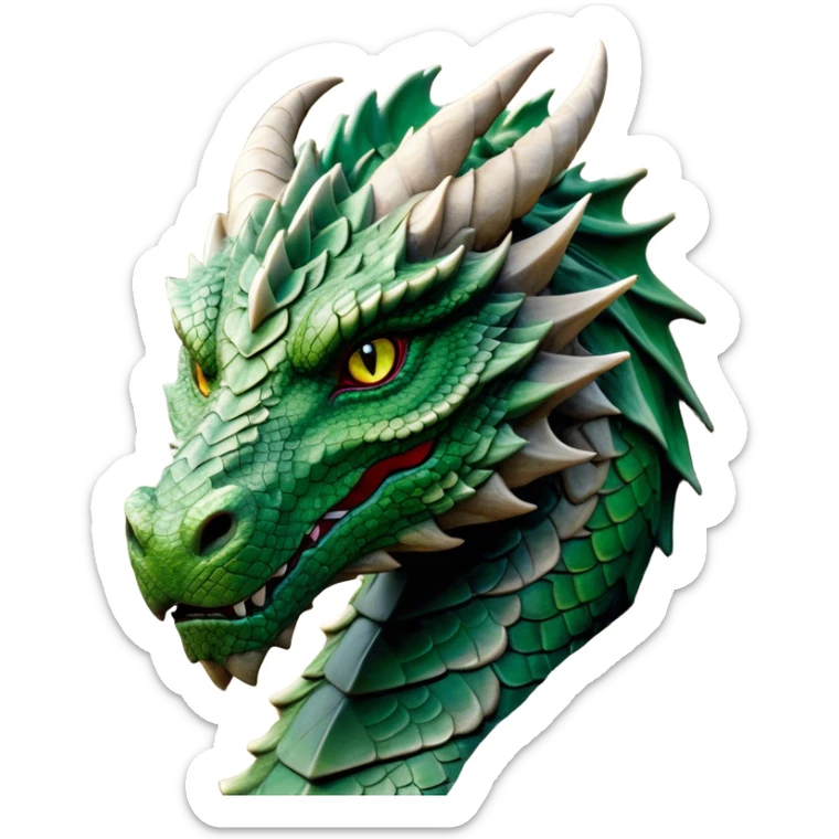 Cinematic Noble Giant Green scaled Dragon Portrait Emoji, Poised and awe-inspiring, with a massive, rugged form carved from ancient stone, featuring intricately textured scales that resemble weathered granite and basalt, and piercing, stony eyes echoing the strength of timeless mountains; rendered with lifelike detail and earthy natural highlights, high shine, formidable and grounded, styled with an aura of primordial majesty, focused and resolute, soft glowing outline, capturing the essence of an enduring rock titan ready to surge from the screen with ageless power! sticker