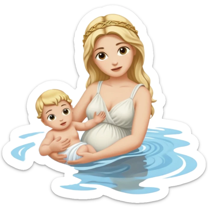 greek goddess dipping baby in river holding baby upside down by ankle sticker