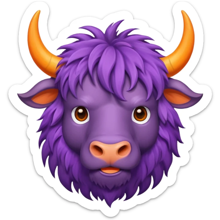 a purple yak Head with pieces of orange paper hanging in his head sticker