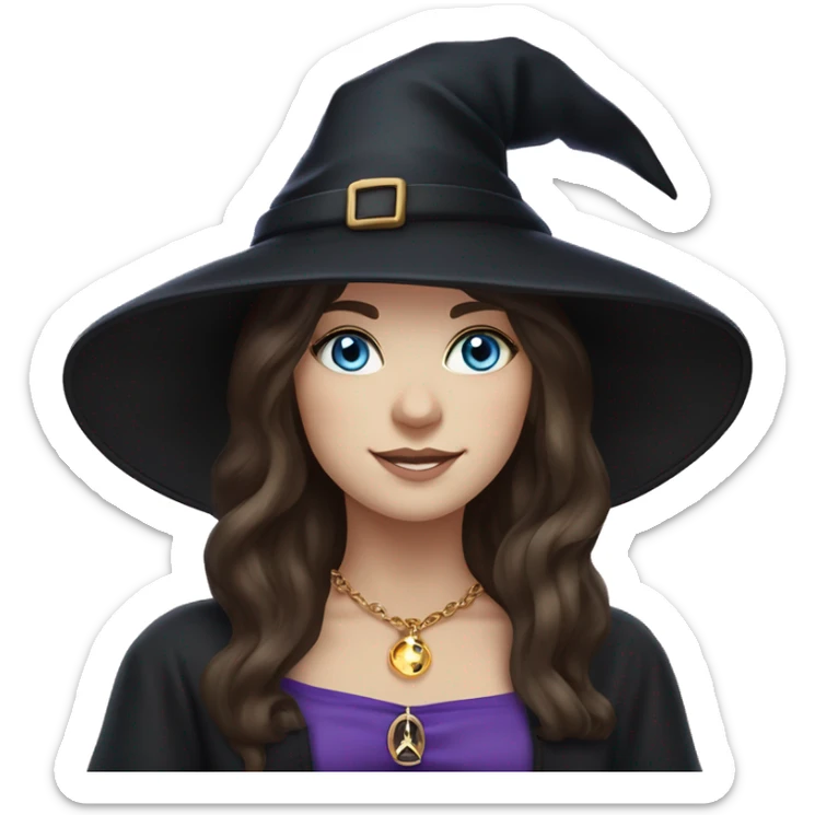 Witchy brunette haired blue eyed white girl with a witty smile a gold necklace and a black witch hat with a purple bow sticker
