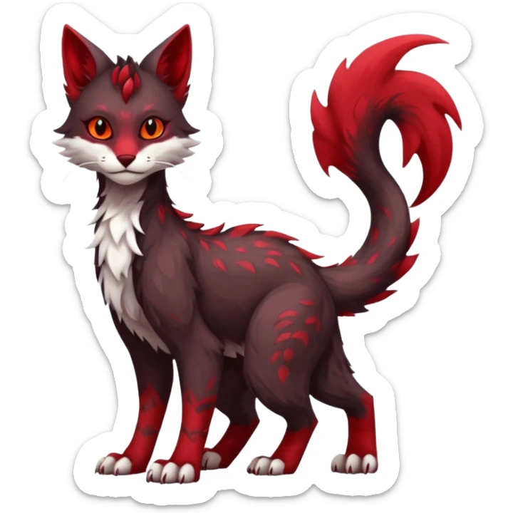 Kawaii dark-brown and crimson-red beautiful pretty elegant divine edgy fantasy feline-vernid-sergal-fursona animal creature with a tufted tail full body with intricate markings  sticker