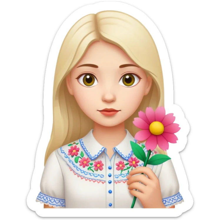 Ukrainian young girl in white embroidered shirt holding colored paper and a flower sticker