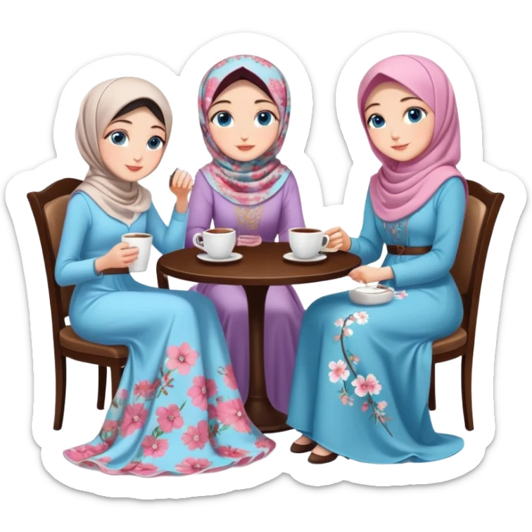 Turkish beautiful finish Konya girls blue eyes with Beautiful blossom floral hijab long tail dress and the two friends in a white lovely coffeehouse sits on the chair on the ground and holds cup coffe with her hand  sticker