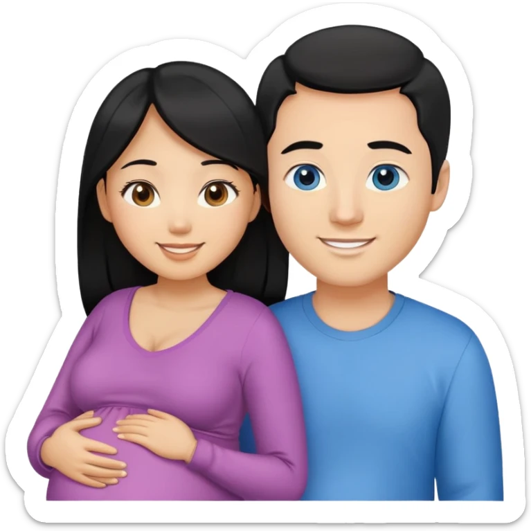 Black hair Asian girl with brown eyes pregnant and blonde white guy with blue eyes couple  sticker