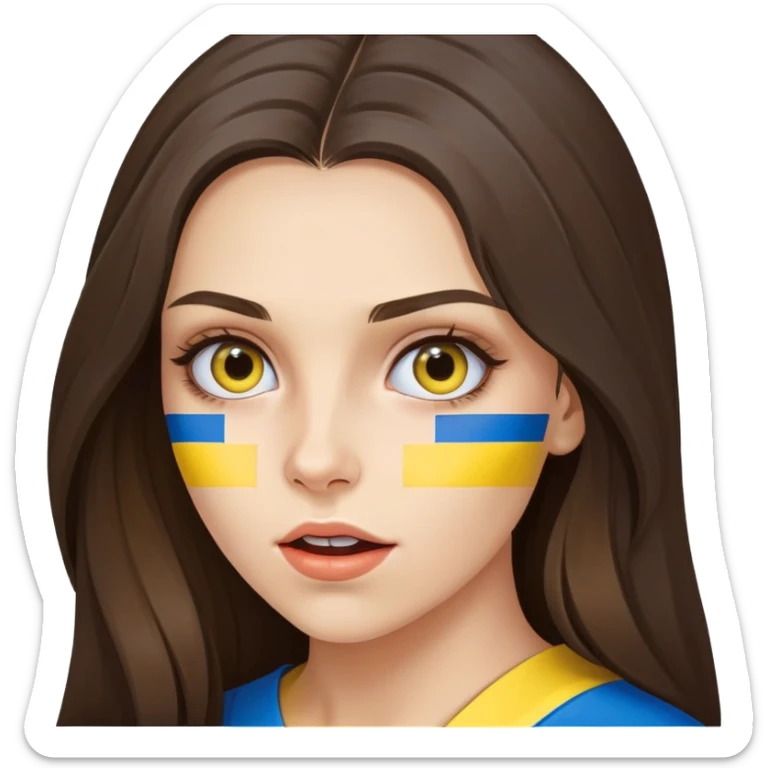 Brunette woman with long hair, Ukrainian flag (blue and yellow) painted on her cheek, surprised expression sticker