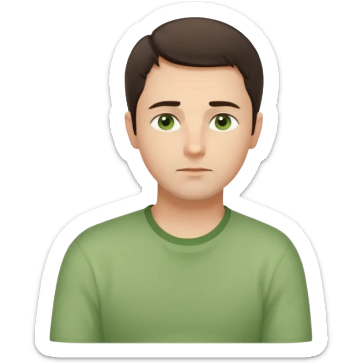 Gentle man, European facial features, short dark brown hair, green eyes, light green shirt. Seated calmly, gazing thoughtfully. Soft light, subtle fern. Waist-up, profile. sticker