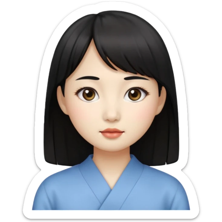 Clean Korean illustration-style emoji portrait of a young Korean woman, front-facing.
Smooth porcelain skin, soft shading, large round eyes, calm neutral expression.
Straight black bangs, black hair tied back, small nose and lips.
Round oval face, soft jawline.

 sticker