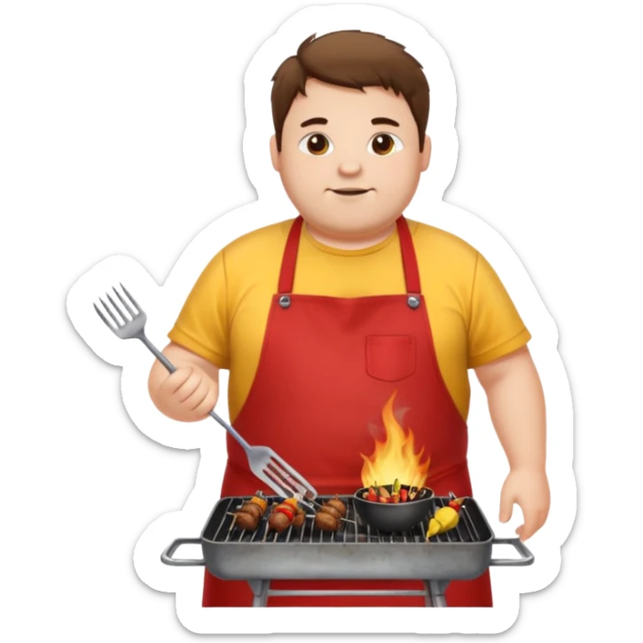 chubby man white messy hair and dirty yellow shirt and a red apron grilling bbq and skewers on a sizzling grill sticker