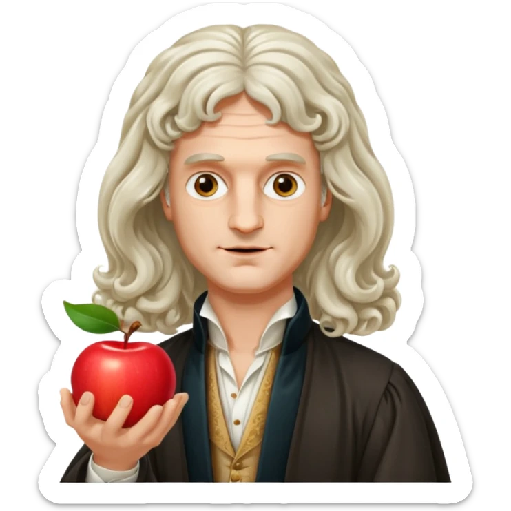 Isaac Newton wearing aristocratic attire with long curled periwig, hold an apple sticker