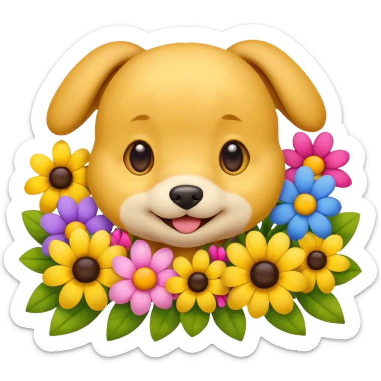 Cute smile face emoji with puppy dog eyes holding its cheeks and a bunch of flowers around it sticker