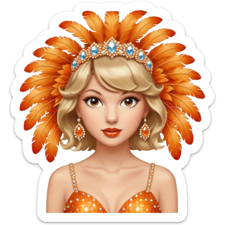 Taylor Swift wearing a vintage showgirl outfit with orange sparkles and feathers and a headdress sticker