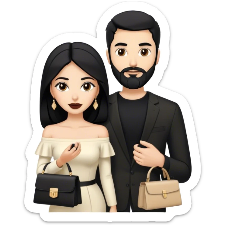 the Lebanese white skinned man with black hair and beard dressed in all black, and the Palestinian woman in an elegant off-shoulder cream-colored outfit with a matching handbag. sticker