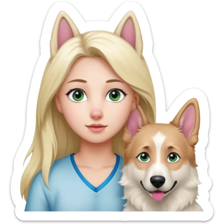 White European young woman with blue-green eyes and long blond hair with her white German Shepherd dog,the Dog has a pink nose and short fur  and Brown eyes sticker