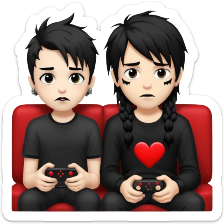 pale Goth boy with a bunch of face piercings, with shaggy dark brown hair, and messy black eyeliner , smudged, red, lipstick next to a tan gamer boy with long black hair , they are watching tv together  sticker