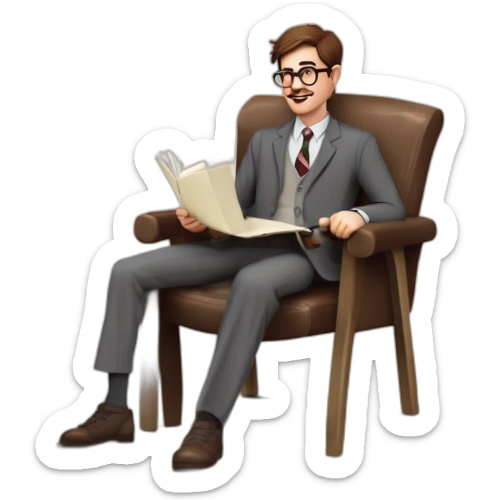 Joyful Celebrating victory Pale skinned Fit Man With dark brown hair in gray jacket, beige office shirt, Brown pants and vintage glasses sitting In a soft chair with a notebook and a pen sticker