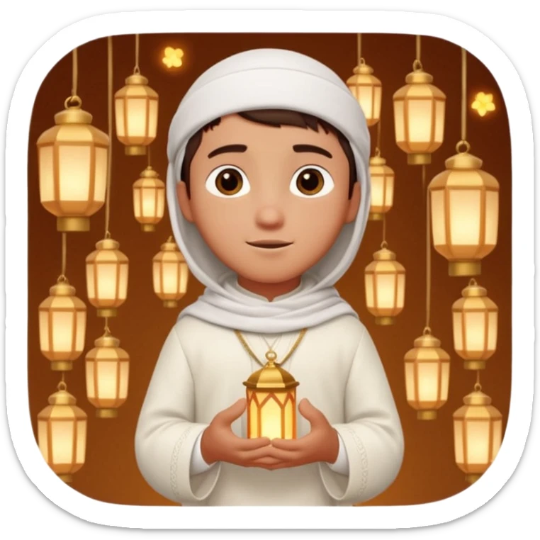 Personnage 3D mignon en style Pixar, un petit garçon portant un qamis blanc et un kufi, tenant un tapis de prière, entouré de lanternes brillantes, fond doux, couleurs chaudes, sticker