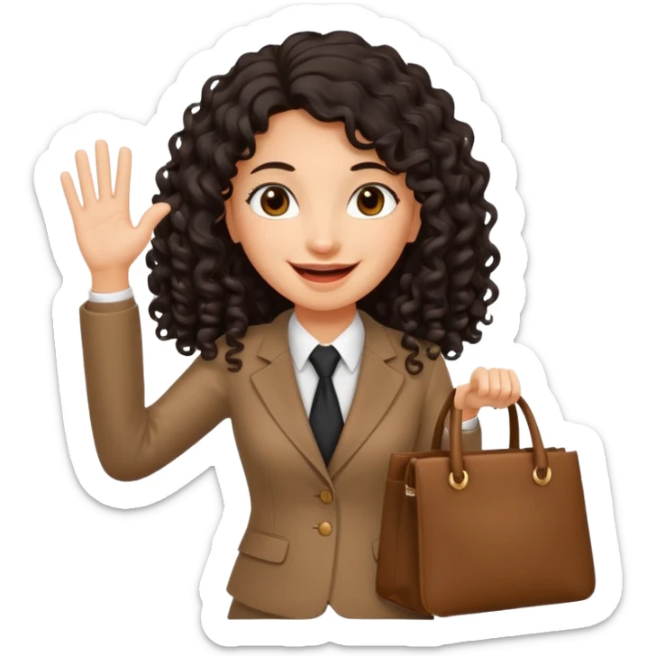 medium deep tan brown business woman with long black curly hair, waving hand with happy face with smile mouth and carrying bag on her shoulder sticker
