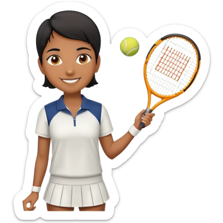 Chindian tennis coach, caramel brown, short straight hair, oval face, small eyes, big smile, wearing tennis outfit sticker
