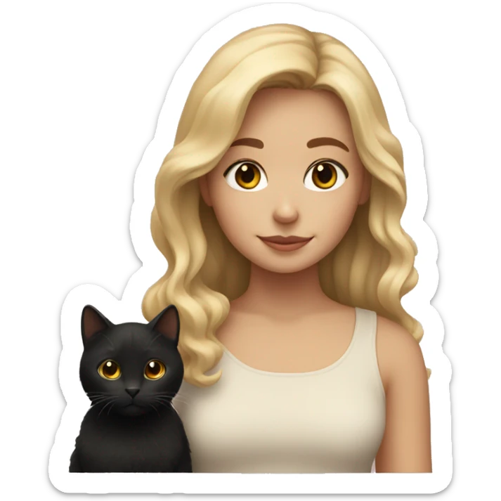 girl with sandy blonde hair holding a black fluffy cat sticker