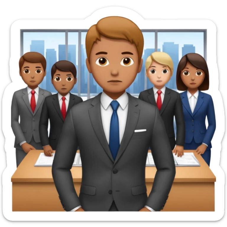 Create a realistic emoji of a person making some decisions in front of a grounp while standing in a office sticker